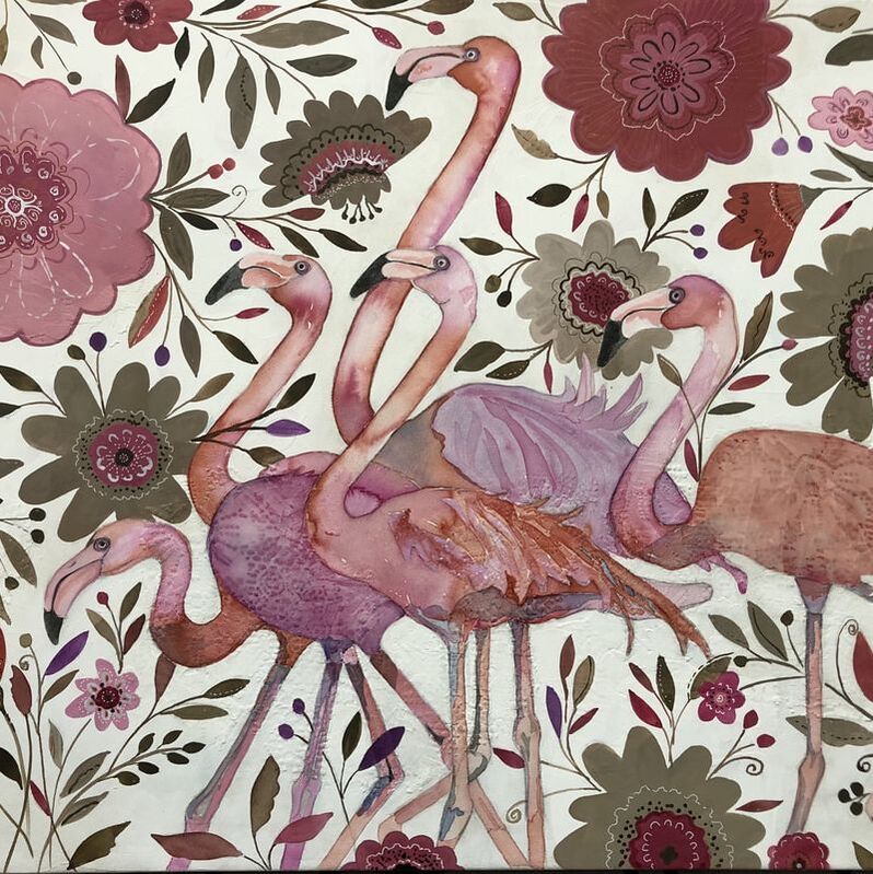 Picture flamingoes flowers pink brown watercolor
