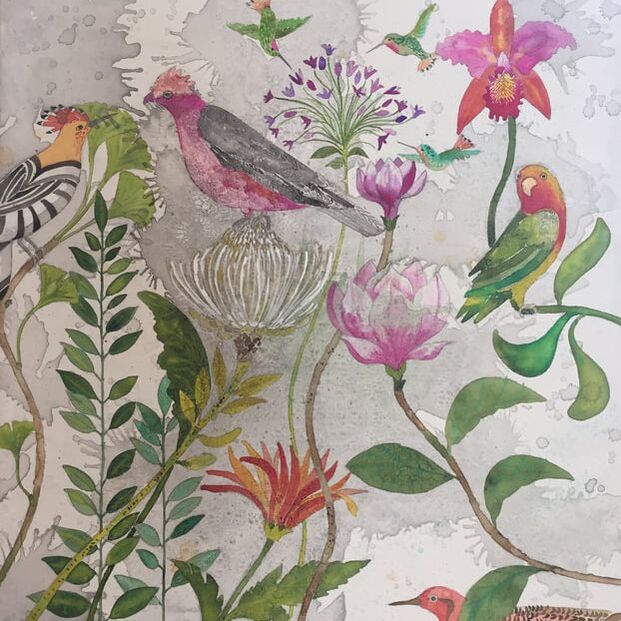 Hoopo and Gahah with hummingbirds and parrot on branches with magnolia flowers