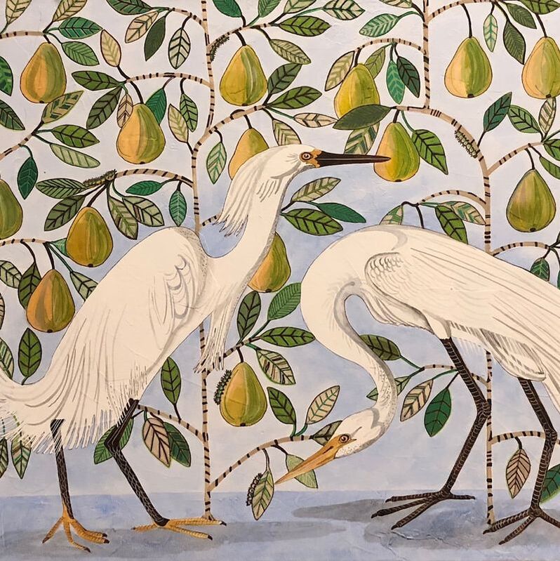 Picture egrets pears vines blue bird hunting pattern